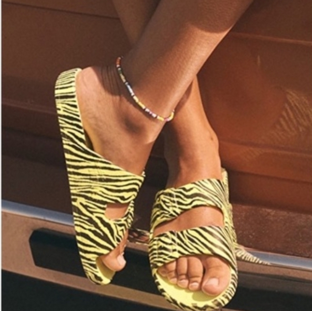 Freedom Moses Acid Zebra Print Slide Yellow Black Sustainable Sandals
